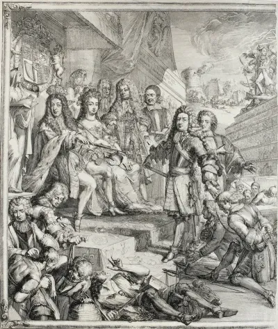 Allegorie op de gebeurtenissen in 1689 met Willem III en Maria op de troon (linker helft)