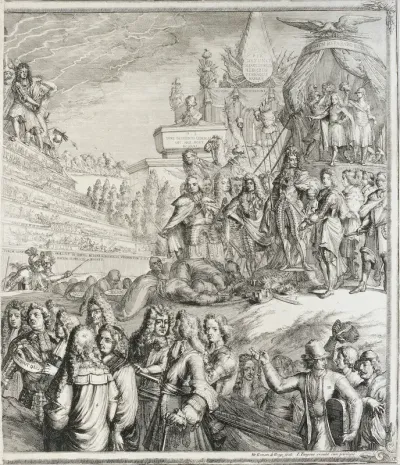 Allegorie op de gebeurtenissen in 1689 met Willem III en Maria op de troon (rechter helft)