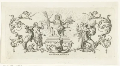 Allegorie op de gerechtigheid met deugden en ondeugden en bladornamenten