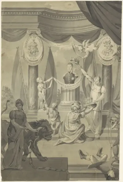 Allegorie op de inhuldiging van Willem I Frederik, koning der Nederlanden, op het Koningsplein te Brussel op 21 september 1815