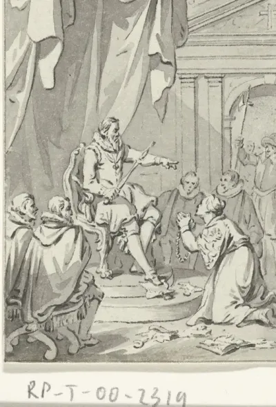 Allegorie op de invoering van de tiende penning; de Nederlandse maagd geknield voor Alva temidden van verscheurde privileges, 1571