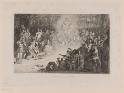 Allegorie op de liefde met centraal twee opstijgende engelen in een halve cirkel van putti
