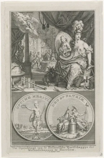 Allegorie op de oprichting van de Hollandse Maatschappij van Wetenschappen te Haarlem