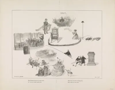 Allegorie op de pogingen van de orthodoxe protestanten om de Koning te bewegen de aangenomen wet op het Lager Onderwijs niet te bekrachtigen, 1857