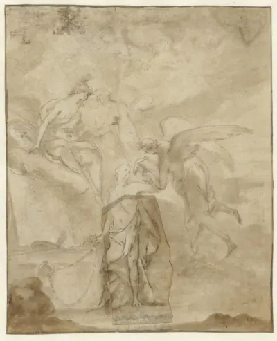 Allegorie op de schilderkunst met Prometheus, Mercurius, Minerva en Pictura bij een schildersezel waarop een schilderij