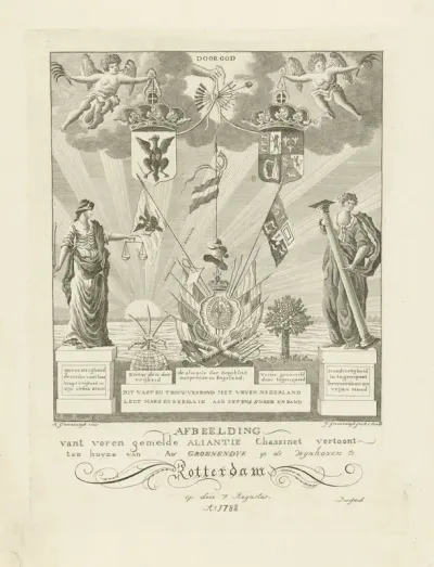 Allegorie op de Triple Alliantie tussen de Republiek der Zeven Verenigde Provincieën, Pruisen en het Verenigd Koninkrijk, 1788