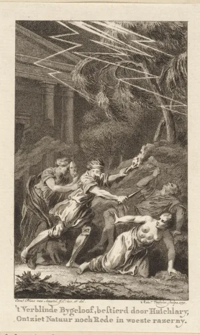 Allegorie op de uitwerking van bijgeloof en huichelarij