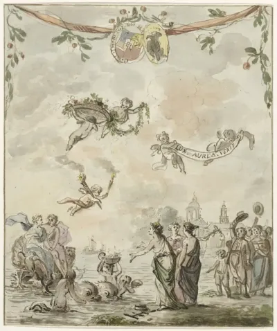 Allegorie op het bezoek van de prins en prinses aan Amsterdam, 1768