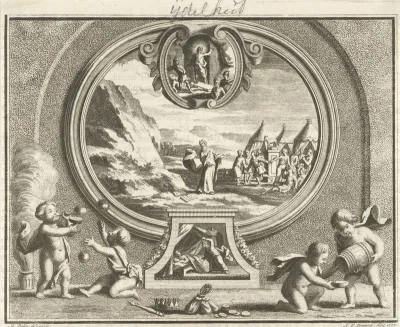 Allegorie op ijdelheid met dans om het gouden kalf