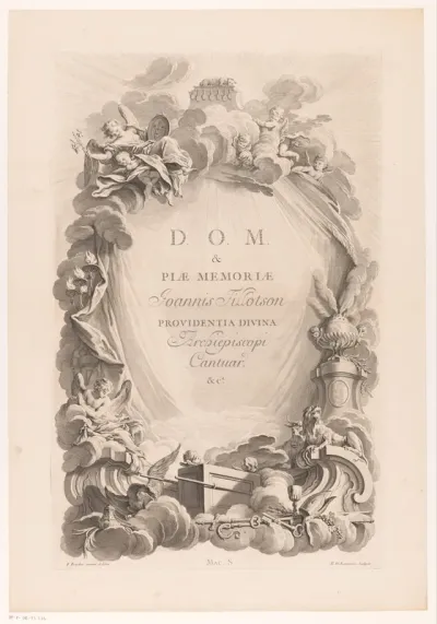 Allegorie op John Tillotson met het lam gods en de symbolen van de vier evangelisten