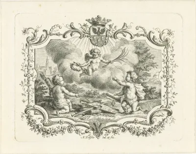 Allegorie op vrede met drie putti in cartouche