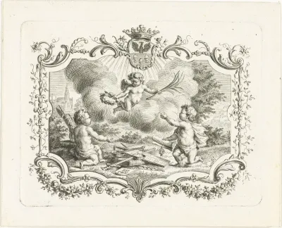 Allegorie op vrede met drie putti in cartouche