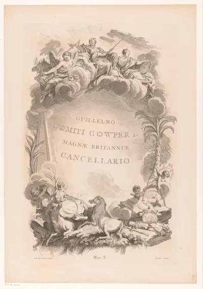 Allegorie op William Cowper met paarden, putti en Justitia
