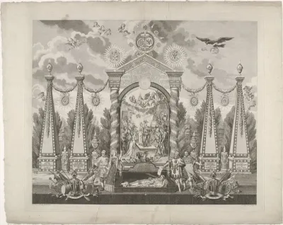 Allegorie ter ere van Frederik Willem II, koning van Pruisen, voor zijn herstel van het stadhouderschap van Willem V, prins van Oranje-Nassau, 1787