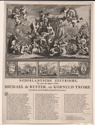 Allegorie ter ere van Michiel Adriaenszoon de Ruyter en Cornelis Tromp en hun overwinningen in de zeeslagen in de jaren 1672 en 1673