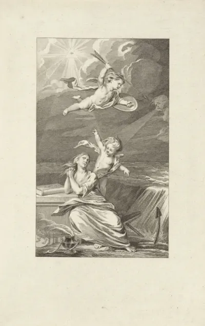 Allegorie van een overstroming en een biddende vrouw en twee putti