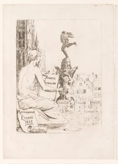 Allegorisch figuur met schrijfgerei in haar hand kijkt richting het beeld op de markt van Antwerpen