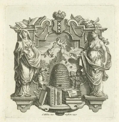 Allegorisch vignet met bijenkorf