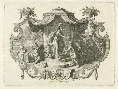 Allegorisch vignet met Minerva die een jongeman lauwert