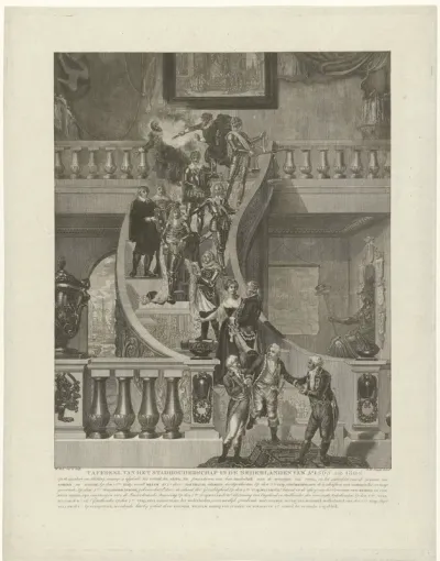 Allegorische afbeelding ter gelegenheid van het verdrag tussen de Franse Republiek en Willem V