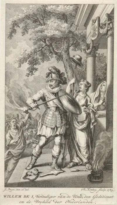 Allegorische afbeelding van Willem van Oranje als verdediger van de Nederlanden