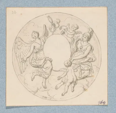 Allegorische cartouche met Prudentia, Minerva en eroten (in doos met 43 tekeningen)