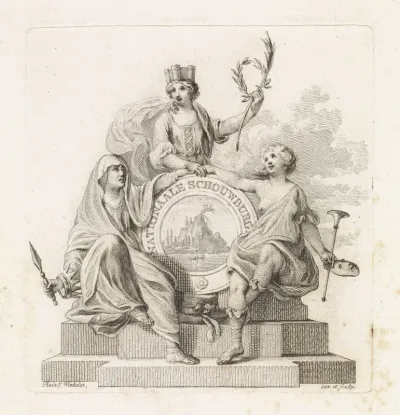 Allegorische figuren bij een medaillon voor de nationale schouwburg