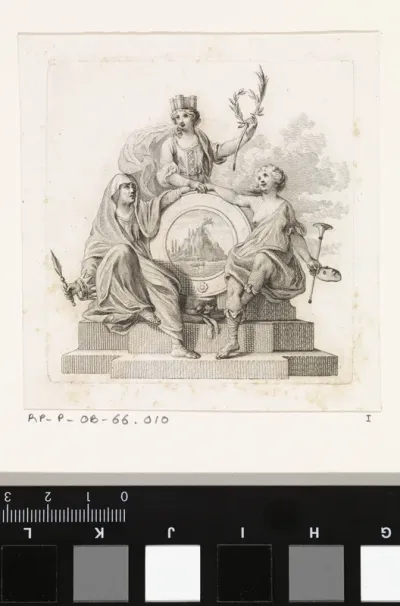 Allegorische figuren bij een medaillon voor de nationale schouwburg