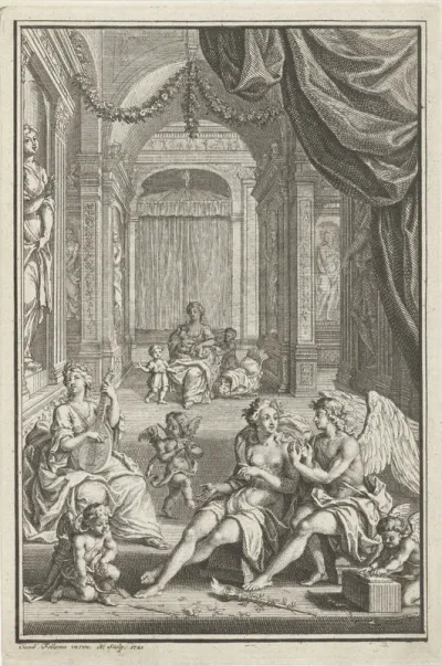 Allegorische figuren in een tempel