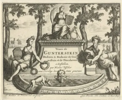 Allegorische figuren met wapenschilden op een fontein