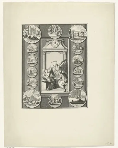 Allegorische figuren omringd door veertien medailles