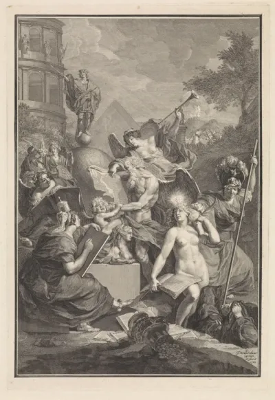 Allegorische figuren rond een sfinx