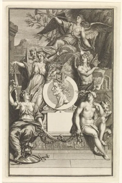 Allegorische figuren rond het portret van Gaius Julius Caesar