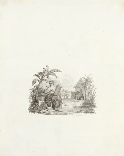 Allegorische figuur in een tropisch landschap
