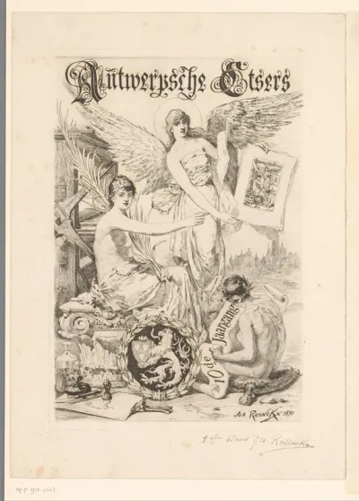 Allegorische figuur met vleugels toont prenten te midden van grafische attributen