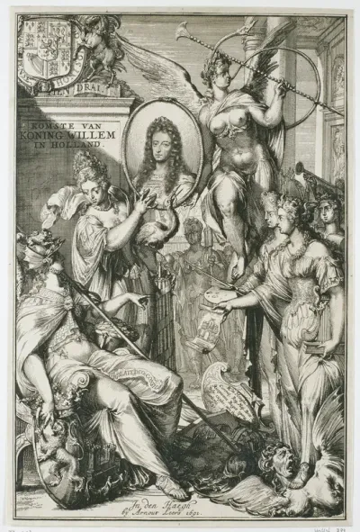 Allegorische frontispice met portret van Willem III
