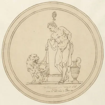 Allegorische mansfiguur, staande met twee leeuwen