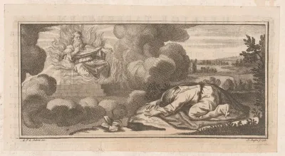 Allegorische of Bijbelse voorstelling met knielende figuur voor man op troon met vlammen