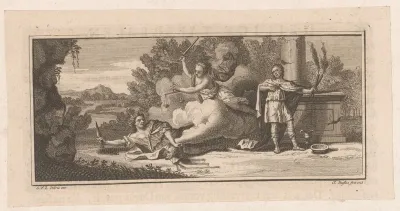 Allegorische scène met Justitia, moordenaar en man met twee brandende toortsen
