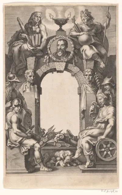 Allegorische titelpagina met stenen boog met een medaillonportret van Justus Lipsius