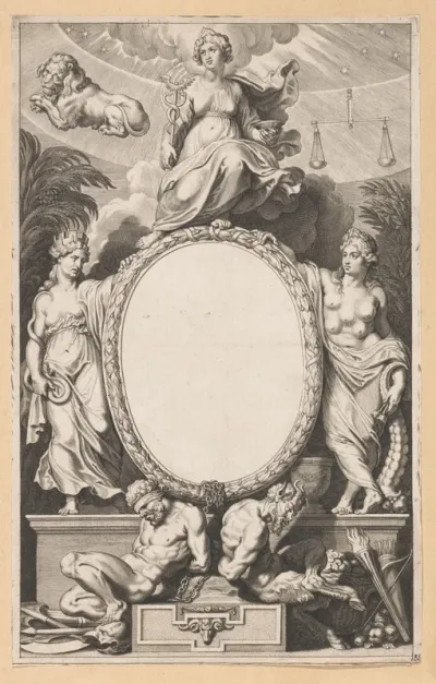 Allegorische titelpagina met tronende Astraea