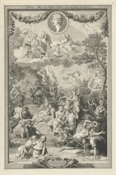 Allegorische titelpagina met verschillende scènes uit de metamorfosen van Ovidius en diens portret