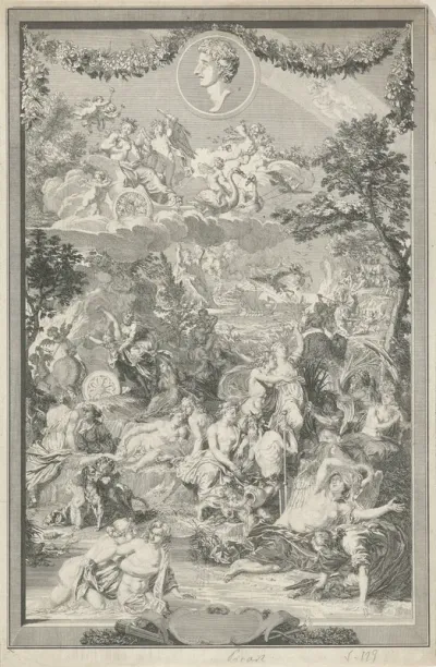 Allegorische titelpagina met verschillende scènes uit de metamorfosen van Ovidius en diens portret