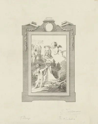 Allegorische voorstelling met borstbeeld van Sybrand Feitama