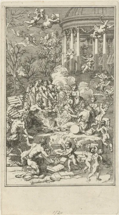 Allegorische voorstelling met de muzen die zich verwarmen aan het vuur van slechte boeken