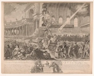 Allegorische voorstelling met de Nationale Conventie die de 'Declaration des droits de l'homme et du citoyen' vieren