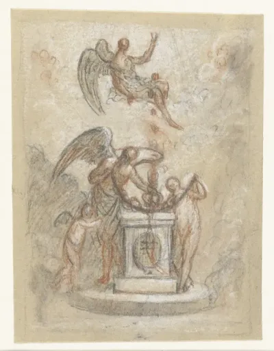 Allegorische voorstelling met de Tijd en andere figuren rond monument of altaar