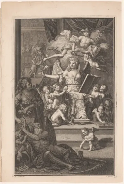 Allegorische voorstelling met door slangen gekroonde schrijvende vrouw, Mercurius, de Tijd en putti