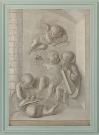 Allegorische voorstelling met een engeltje en vier putti