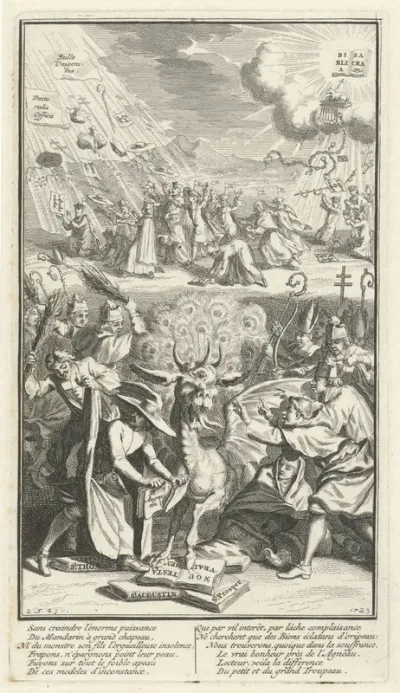 Allegorische voorstelling met een monster dat het Nieuwe Testament en andere boeken vertrapt
